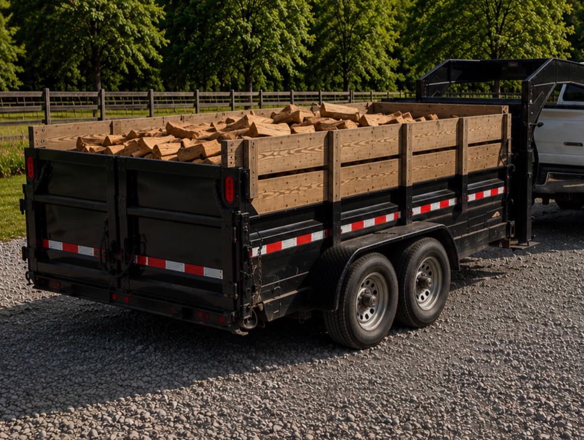 Dump trailer loaded with split firewood — The Crossroads Bulk Load